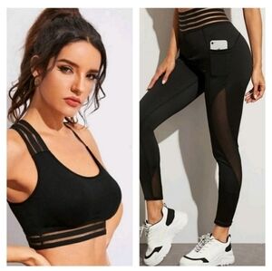 Shein 2 Piece Set Black Mesh Trim Workout Sports Bra and Leggings